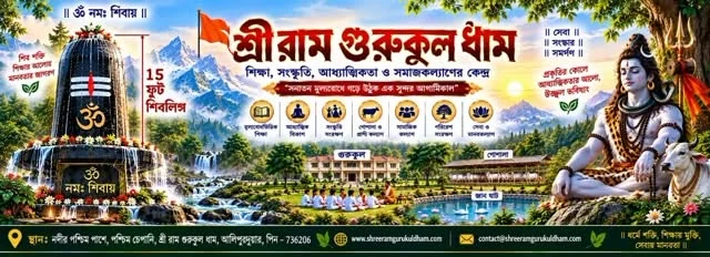 Wide Bengali project-vision artwork featuring devotional imagery and illustrated learning and community spaces.