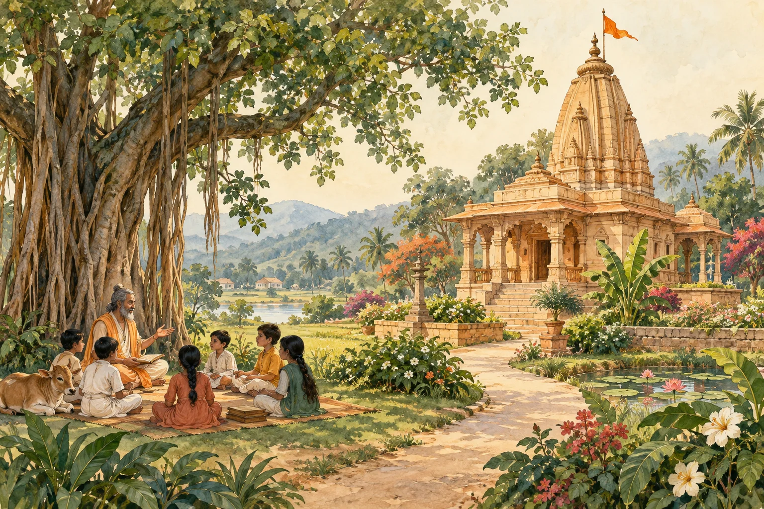 Illustrated vision of a temple and children learning beneath a tree in a green landscape.